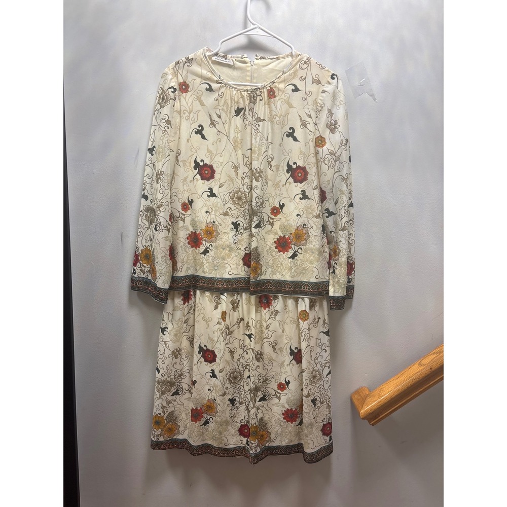 Vtg Montgomery Ward Floral Midi Dress Womens Medium Cream Red Vintage Excellent